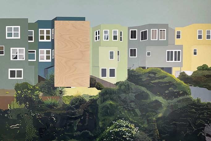 Painting of backs of a row of pastel buildings with greenery at bottom