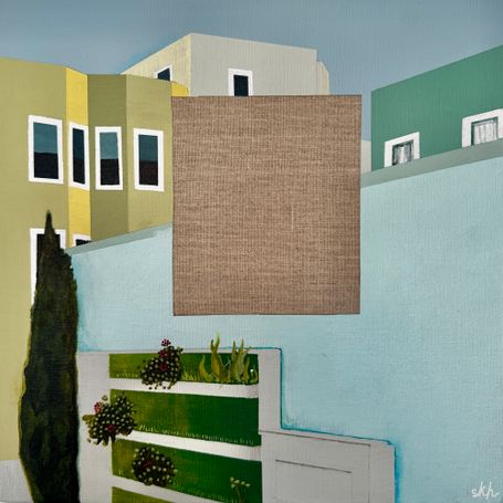 View of residential buildings and planter with a void in the middle.