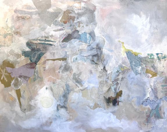 Abstract composition with white, teal, and chartreuse