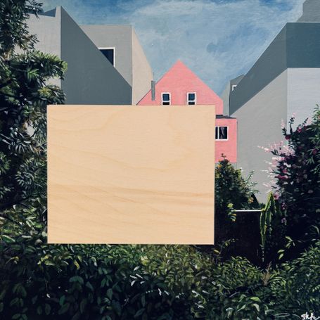 Back of a pink house and foliage with a void in the middle.