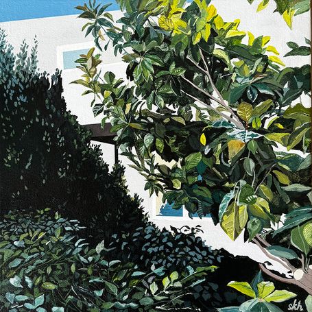 Painting of building obscured by tree and shrubbery