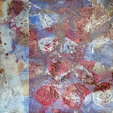 Abstract monoprint in red, white, and blue
