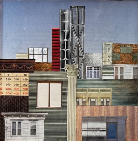 Cut paper collage, fictive cityscape