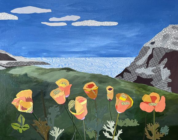 Paper collage of California coastal landscape featuring orange poppies