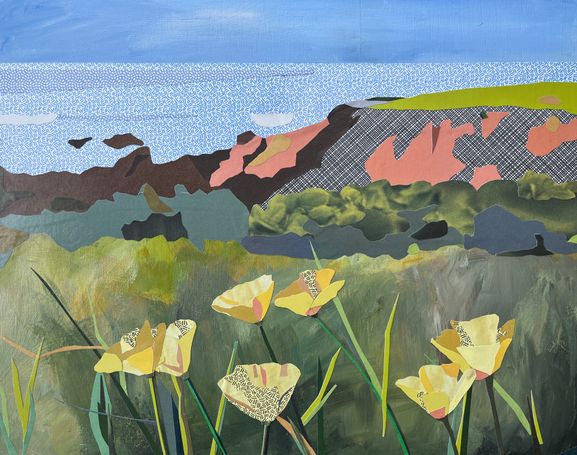 Paper collage of California coastal landscape featuring yellow poppies