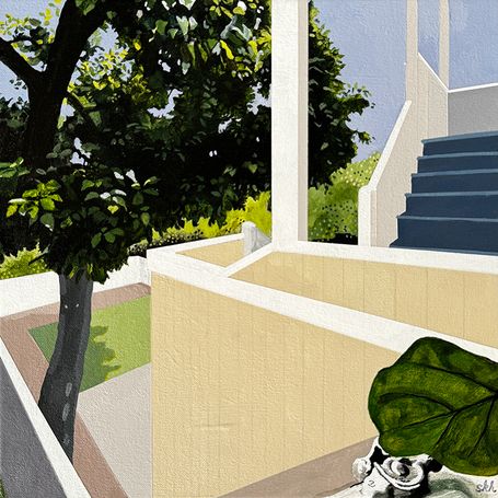 Painting of porch with tree in backyard