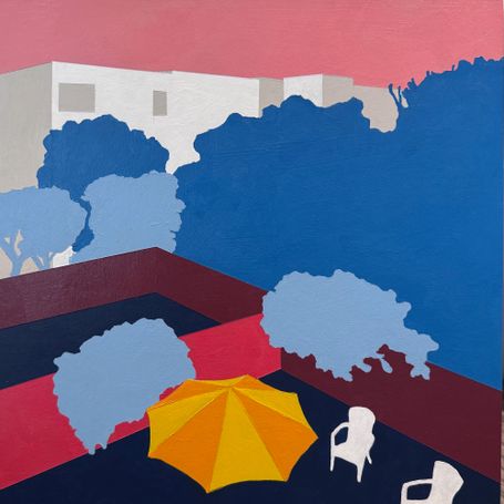 Backyard view with umbrella and two white lawn chairs