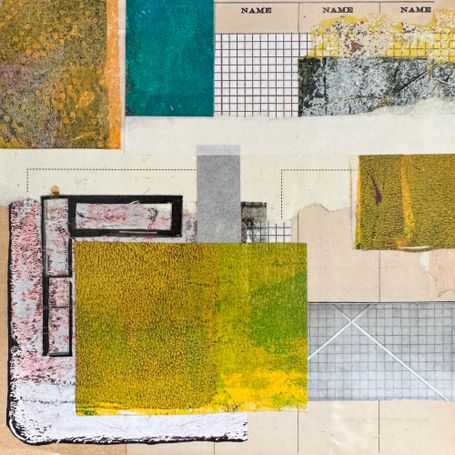 Collage in yellow, beige, and teal