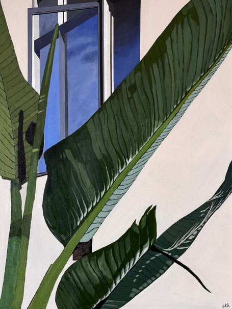 Open window seen through Bird of Paradise leaves