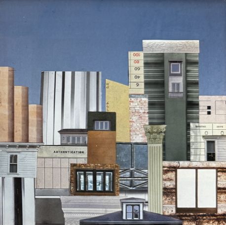 Cut paper collage, fictive cityscape