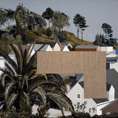 View of houses and trees with a void in the middle.