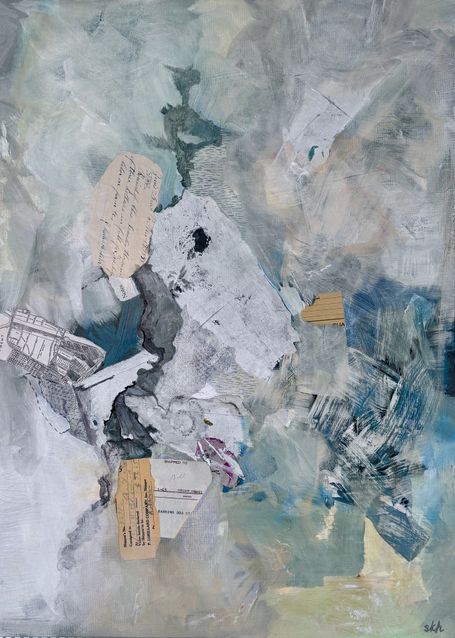 Abstract collage in white, tan, and teal