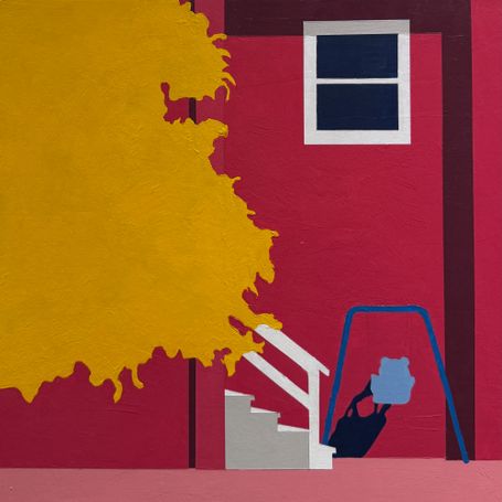 Red house with blue baby swing